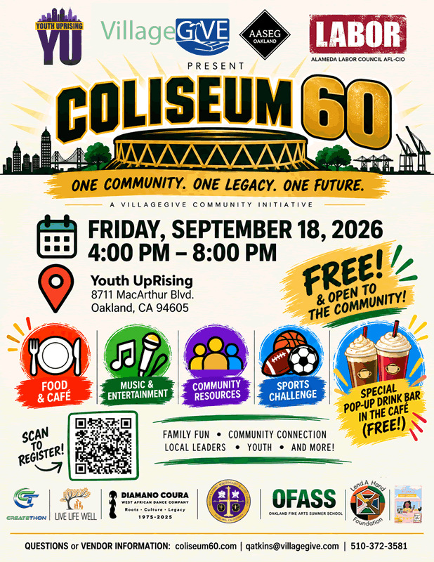 Updated Coliseum 60 event flyer with date, time, location, activities, partners and registration QR code